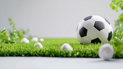 Fototapeta premium Realistic soccer ball and artificial turf combo, lit against bright white background