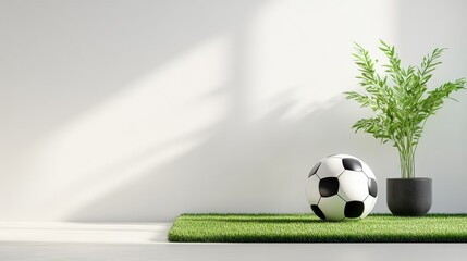 Realistic soccer ball and artificial turf combo, lit against bright white background