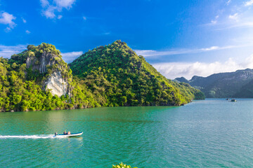 Barco en aguas cristalinas en la bahia de ha long