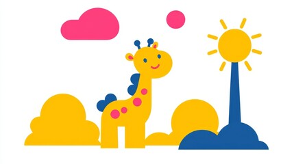 Cute Yellow Giraffe and Blue Sky Children's Vector Illustration with Pink Clouds, Adorable Graphic for Kids Room Decor and Baby Shower Invitations art