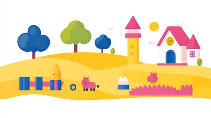 Colorfulpixelatedlandscapewithcastlepigtreessunandhousechildrensartstyleillustratingafantasticalworldperfectforchildlikeimaginationandplayfuldesigns