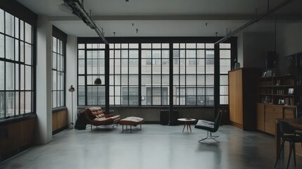 Urban industrial apartment with steel windows, concrete floors, and minimalist decor, blending raw materials with modern living.
