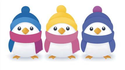 Fototapeta premium DelightfulWinterTrioAdorablePenguinsWearingHatsScarvesPixelArtStyleIdealForChristmasNewYearHolidayThemedProjectsAndCuteVectorIllustration110