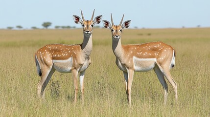 Naklejka premium Two graceful dama gazelles standing gracefully in a sunlit african savanna amidst sparse vegetation under a serene clear blue sky panorama view