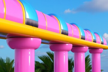 futuristic buildings and architecture advertisement, product-focused style, minimalist tone, poster, motion blur, studio lighting, vibrant colors, peaceful mood, macro shot, solid color background