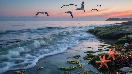 Starfish and birds on a scenic ocean beach