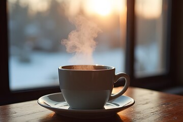 Close-up of a hot cup of coffee on a table with steam rising, a spoon beside it, capturing a warm and aromatic morning coffee moment