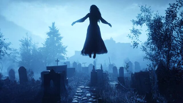 A woman in a black dress is flying through the air. The sky is dark and the trees are tall. Scene is eerie and mysterious
