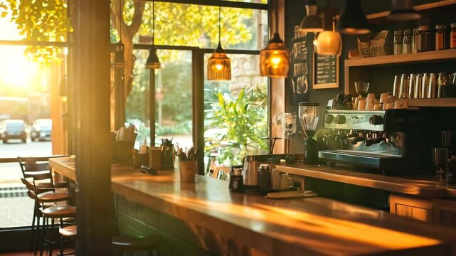 A warm and inviting coffee shop interior featuring a sleek espresso machine, wooden countertops, soft lighting, and a view of the greenery outside, creating a serene and welcoming atmosphere.