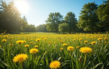 Fototapeta premium many yellow dandelions and green grass