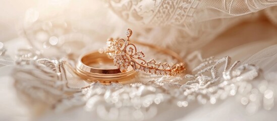 Elegant bridal jewelry set with wedding rings and diamond tiara on lace
