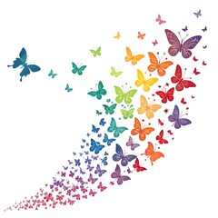 A dense stream of butterflies in a gradient of colors flows upwards in a winding path against a stark white background.