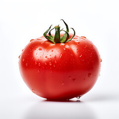 Fresh Ripe Tomato with Water Droplets on White Background