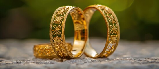 Exquisite gold bangles with intricate floral design on textured surface