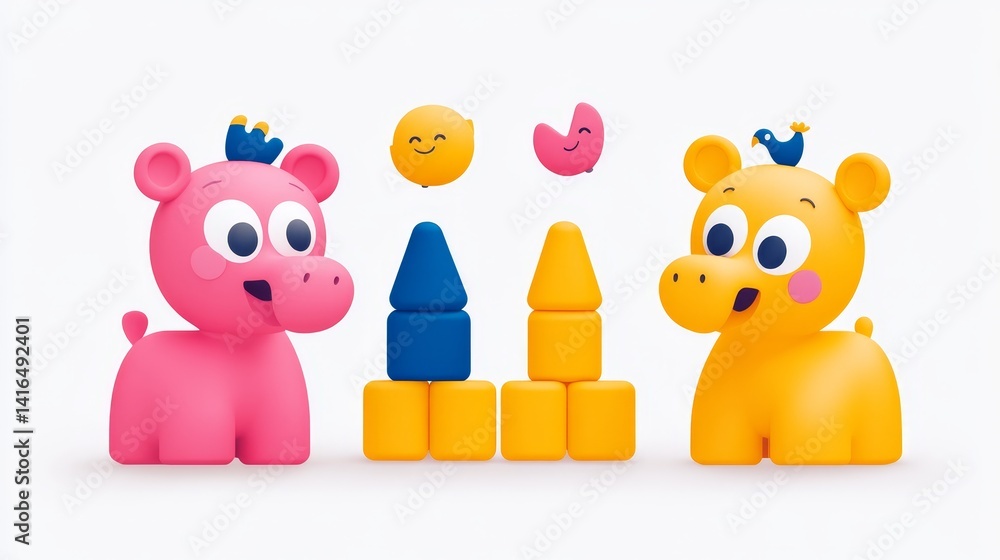 Aufkleber vivid toy scene featuring playful hippos with colorful blocks against a clean white backdrop creatin