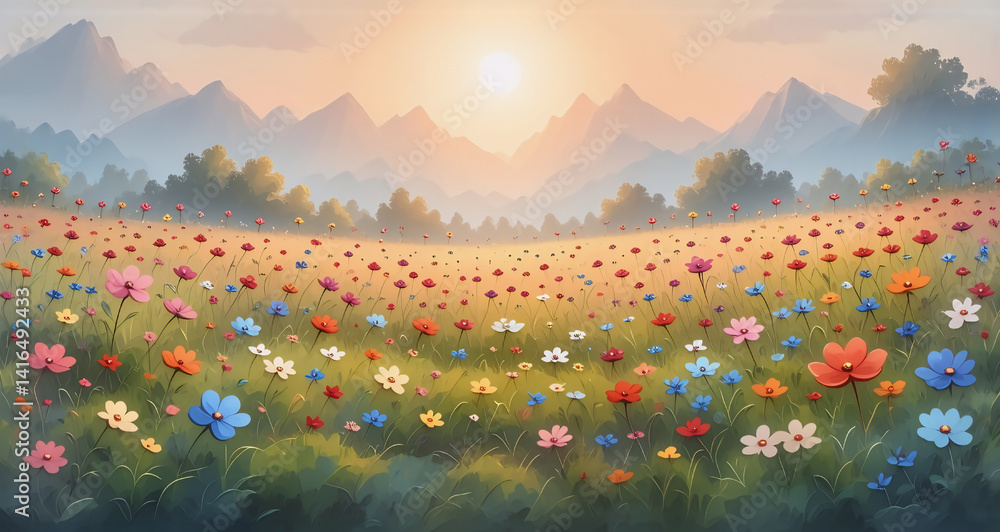 Poster a vibrant sunrise bathes a lush meadow. hints of distant mountains and trees frame a colorful floral