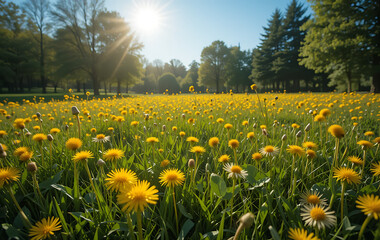 Obraz premium many yellow dandelions and green grass
