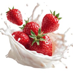 Strawberries splashing in milk on white background