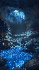 Naklejka premium Glowing Blue Cave River, Magical Underground Stream