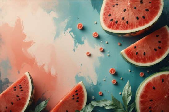 Juicy watermelon slices arranged on a vibrant, abstract background with teal and coral hues.  Fresh green leaves add a touch of nature.  Perfect for summer.