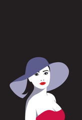 Young girl big hat. Fashion model girl in pop art style, flat design.
