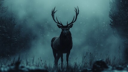 A deer stands in a snowy forest, looking to the right