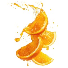 Orange slices with juice splash on white background