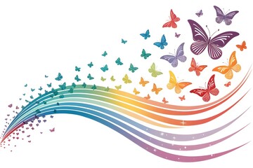 abstract rainbow curved lines with butterflies on white background 