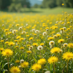 Fototapeta premium many yellow dandelions and green grass