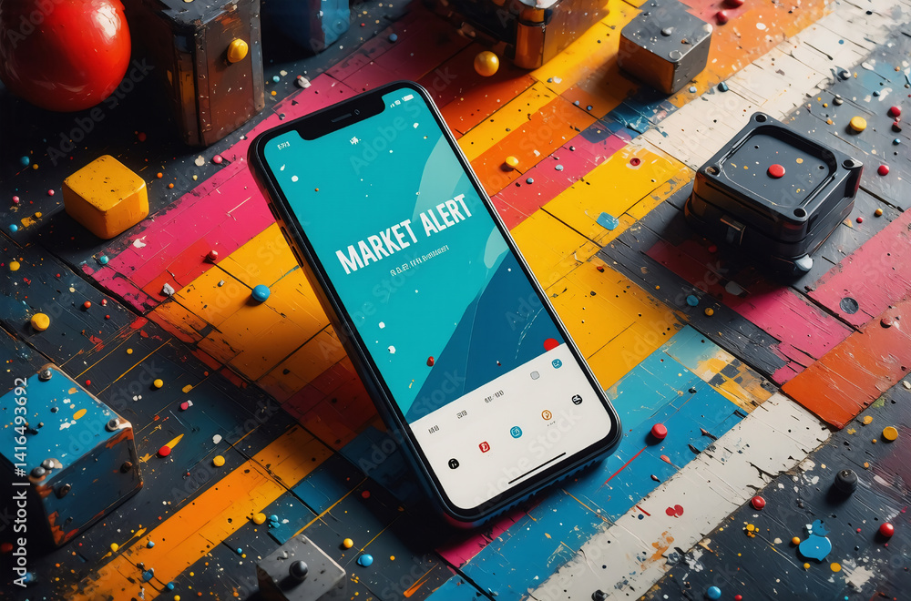 Leinwandbilder a smartphone displays a market alert. the device is on a colorful surface scattered with small objec