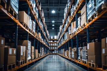 Organized Warehouse with Rows of Shelves Loaded with Cardboard Boxes Ready for Distribution in Large Storage Facility