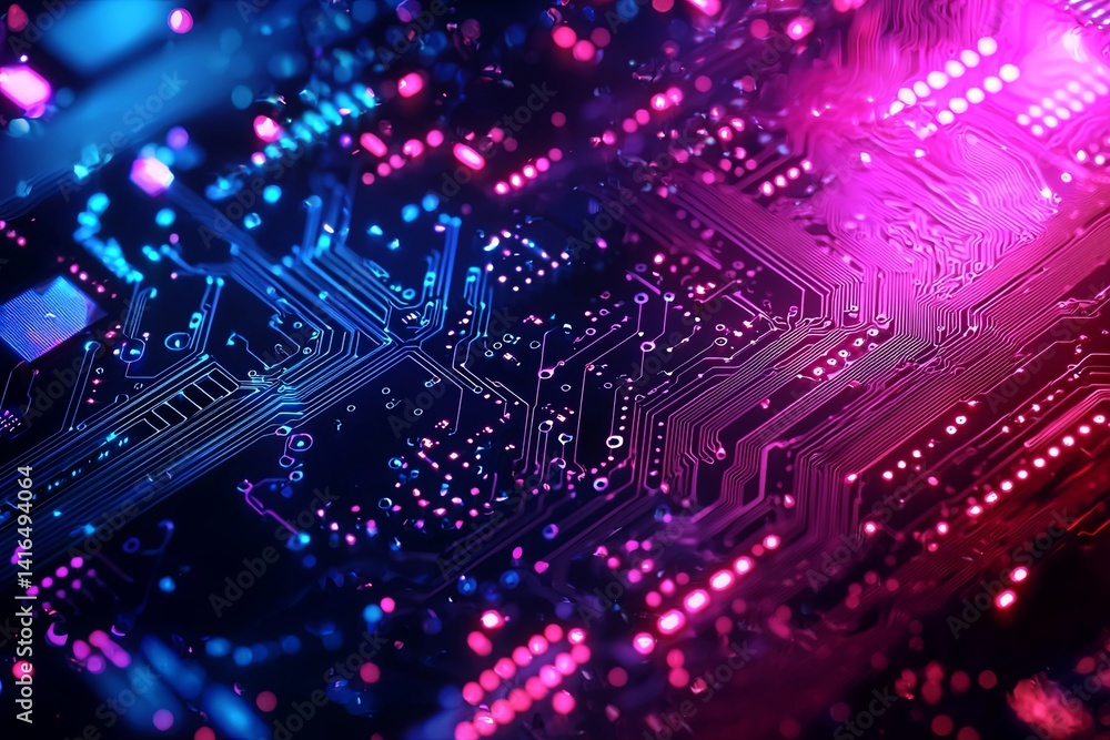 Poster colorful abstract circuit board design showcasing intricate patterns and glowing lights, ideal for t
