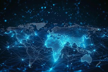 High-Tech Digital World Map with Network Connections and Bright Blue Glowing Elements in a Dark Background for Global Technology Themes