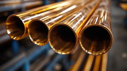 Naklejka premium Close-up of Shiny Brass Pipes in a Warehouse Setting