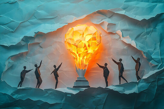 Illuminated ideas emerge from crumpled paper.