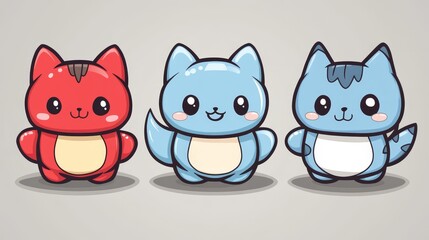 Adorable Pixelated Feline Trio in Red Blue and Azure Shades Unique Digital Illustration for Gamified Design and Creative Animation projects