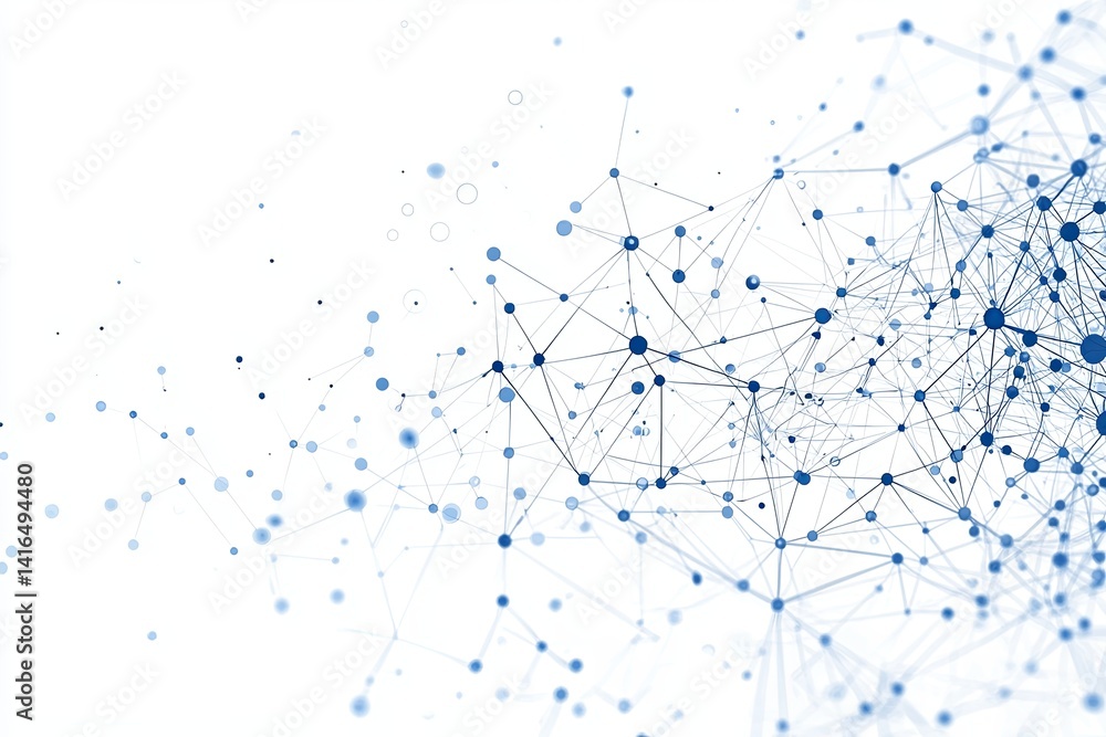 Poster abstract network of interconnected blue dots and lines on a white background, representing data visu