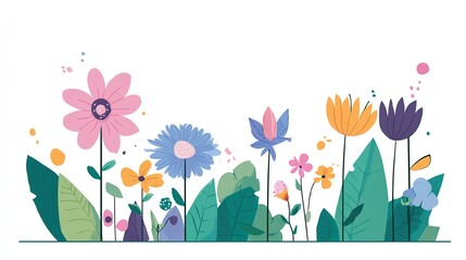Obraz premium Cute garden vector illustration showing pastel colors on a white background, featuring green grass, colorful flowers, and leaves in various shades, with high resolution, detail, and sharp focus.