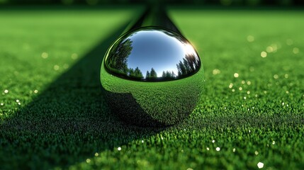 Reflective Sphere on Lush Green Grass, Sunlit Outdoors