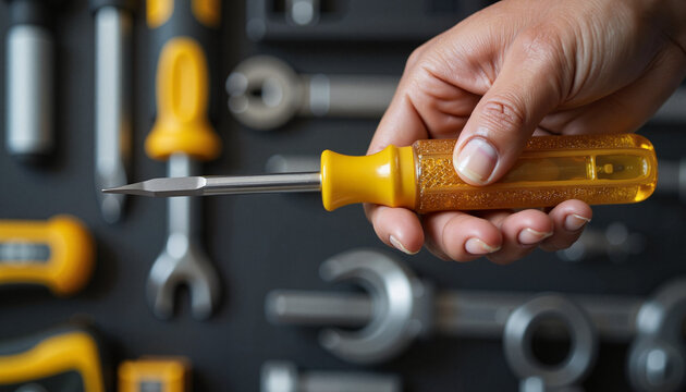 Hand holding yellow screwdriver in organized garage tool rack, craftsmanship