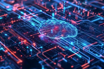 Futuristic Digital Brain in a Technological Environment with Neon Blue and Red Circuit Patterns Representing Advanced AI Concepts and Neural Networks