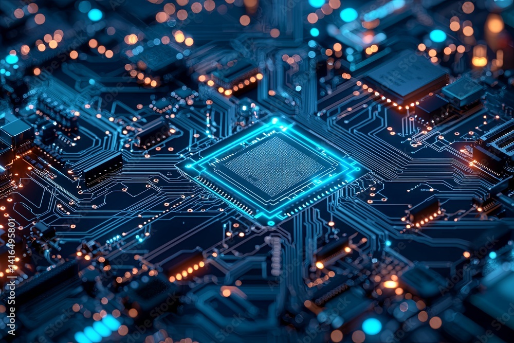 Poster intricate details of a modern electronic circuit board with glowing elements and complex pathways sh