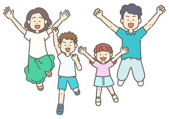 ジャンプする4人家族のイラスト
