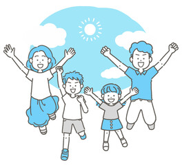 夏の青空とジャンプする4人家族のイラスト
