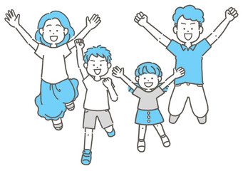 ジャンプする4人家族のイラスト
