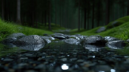 Forest stream flowing through mossy rocks.  Fresh, clear water flowing amidst dark rocks in a tranquil woodland scene