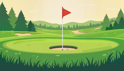 Lone golf ball near hole on lush green field, anticipation in morning