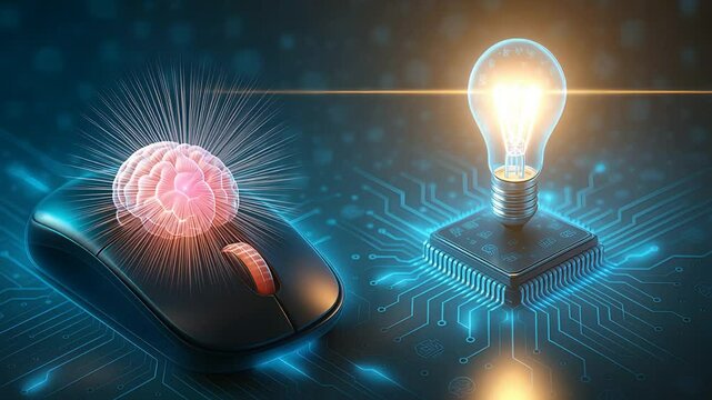 Computer Mouse with Brain Light and Light Bulb on Circuit Board in Digital Innovation Concept


