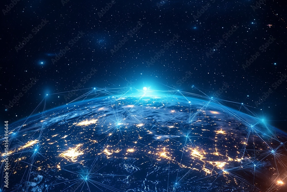 Poster futuristic view of earth from space with network connections illuminated by stars and nebulas in a d