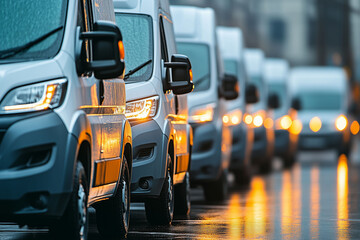 Commercial Vans Parked Neatly in Cityscape with Urban Glow and Dynamic Street Details Captured in Low-Angle Perspective